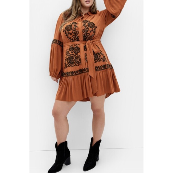 City Chic Womens Plus 16 1X Embroidered Boho Mini Dress Brown Black NWT Hippie - Picture 1 of 8
